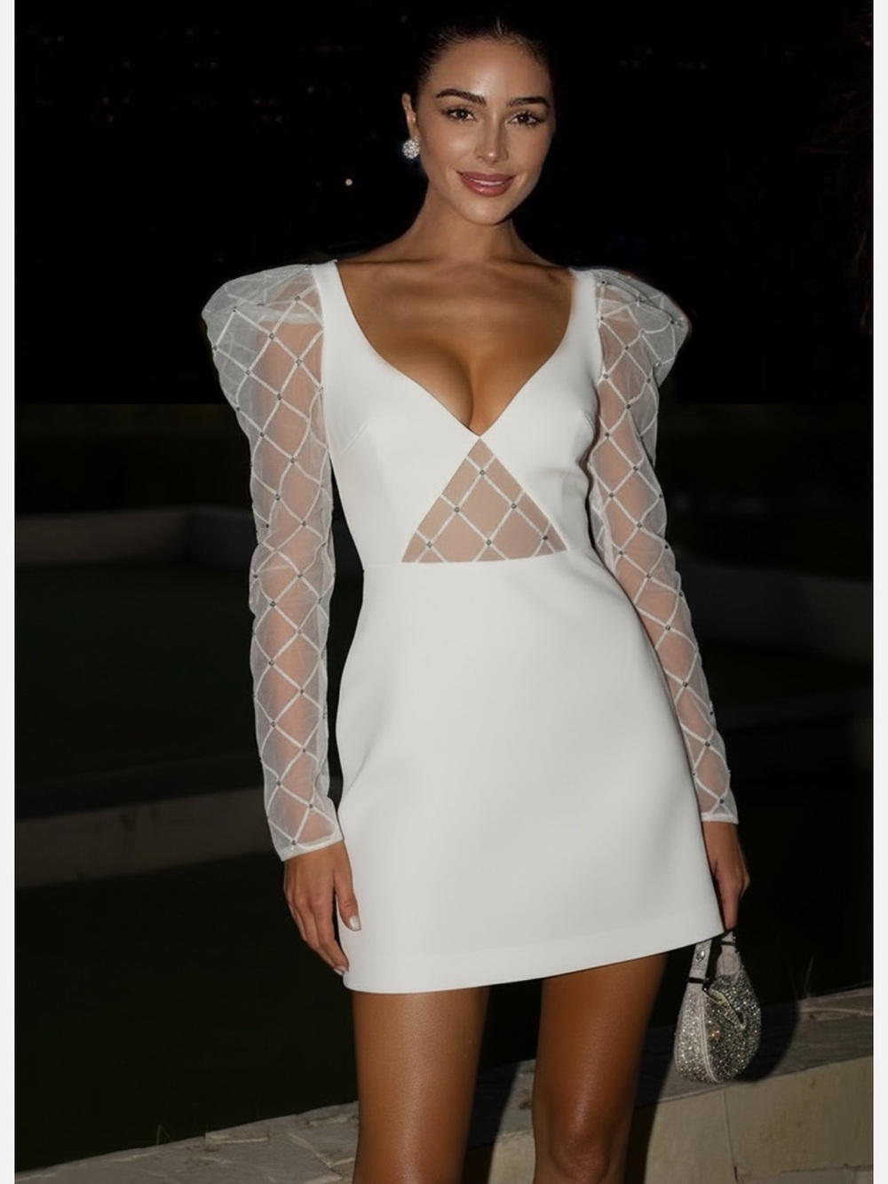 NWT David Koma White Mini Dress Crystal Trim Tulle Long Sleeve US 8